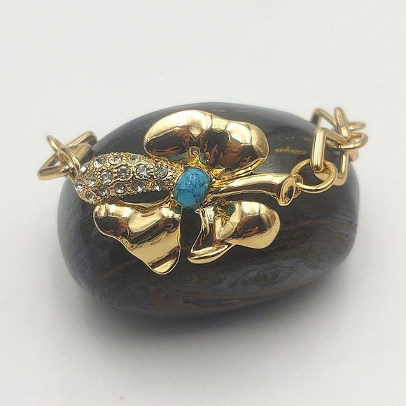 Funky Vintage Goldtone Rhinestone & Faux Turquoise Flower Bracelet - Picture 7 of 7